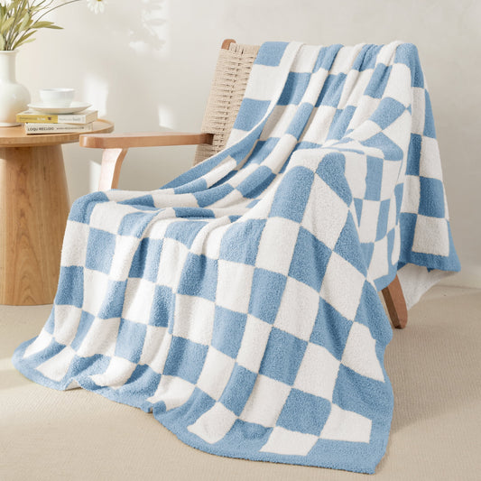 Whale Flotilla Chequer Board Throw Blanket, 50x60 Inch, Light Blue
