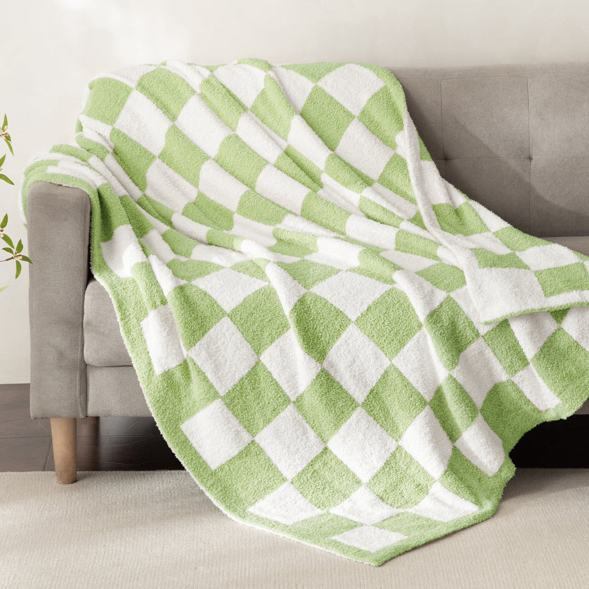 Whale Flotilla Checkered Knit Throw Blanket for Couch, Sofa, Bed, Soft Fluffy and Cozy, 50"x60", Light Green