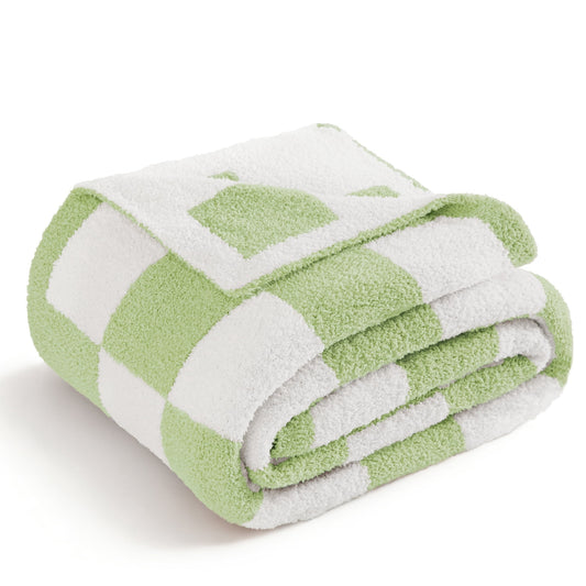 Whale Flotilla Checkered Knit Twin Size Blanket for Bed, Soft Fluffy and Cozy, 60"x80", Light Green