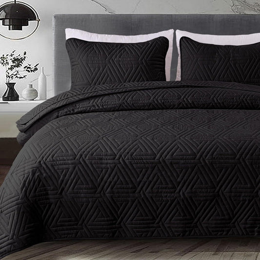 Whale Flotilla 3-Piece King Size Quilt Set for All Season, Classic Geometric Pattern Bedding Set with 2 Pillow Shams, Soft and Lightweight, Black