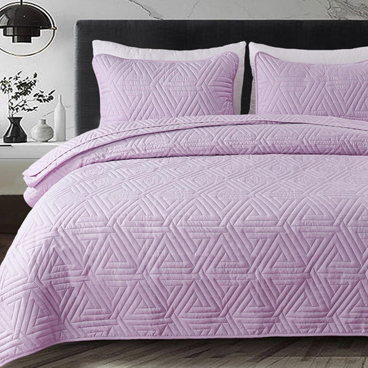 Whale Flotilla 3-Piece Queen Size Quilt Set for All Season, Classic Geometric Pattern Bedding Set with 2 Pillow Shams, Soft and Lightweight, Light Purple