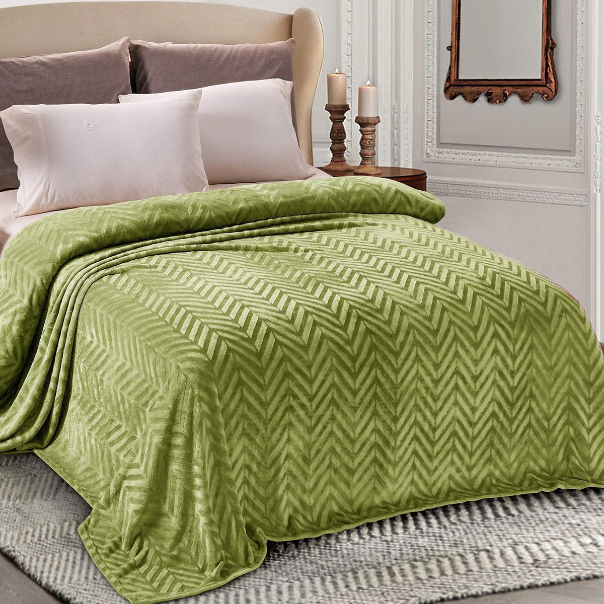Whale Flotilla Flannel Fleece Twin Size 60x80 Inch Bed Blanket, Soft Velvet Lightweight Bedspread Plush Fluffy Coverlet Chevron Design Decorative Blanket for All Season, Olive Green