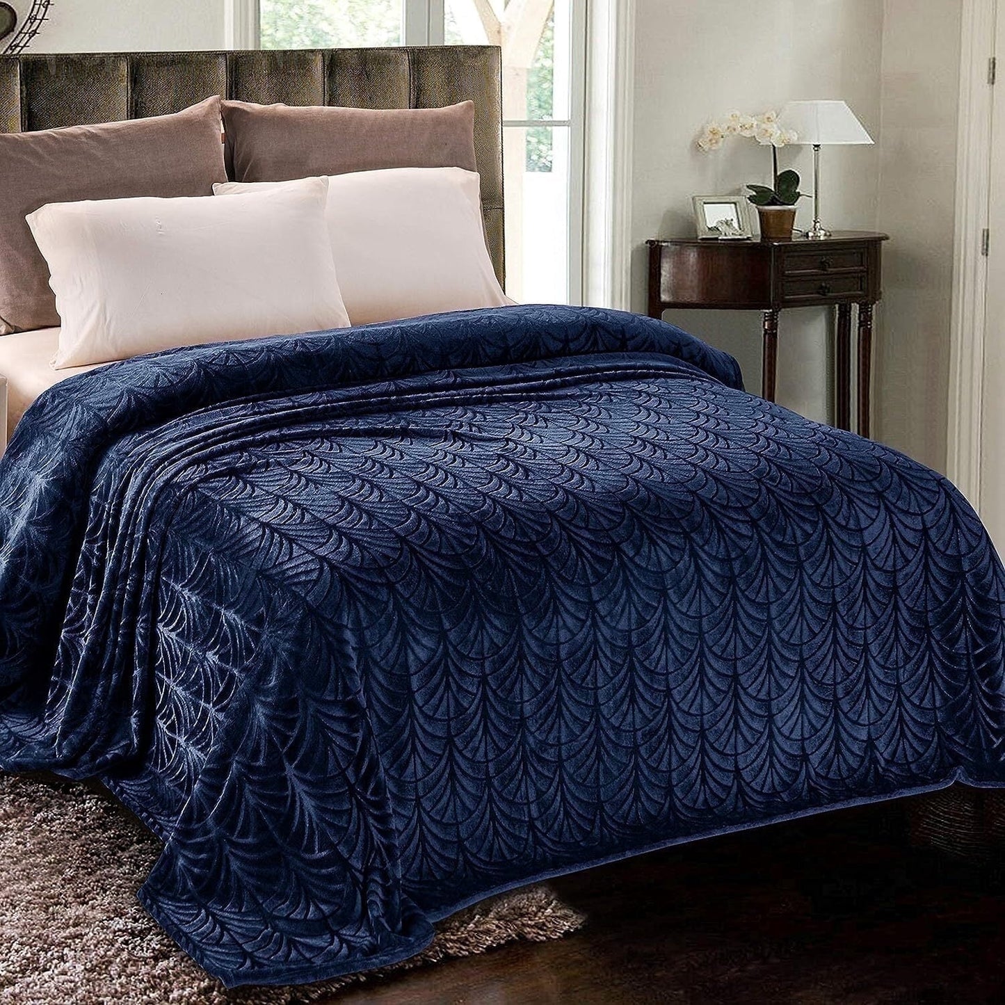 Whale Flotilla Flannel Fleece 60"x80" Twin Size Throw Blanket, Soft Fluffy Velvet Bedspread with Vintage Pattern, Warm Lightweight All-Season Coverlet, Navy Blue