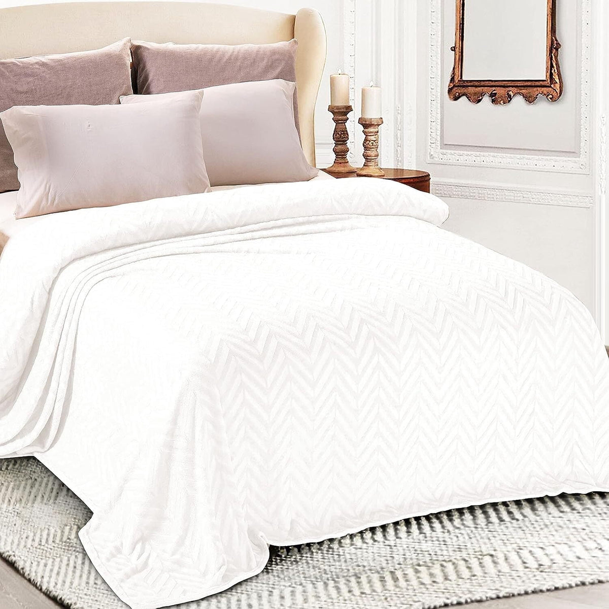 Whale Flotilla Flannel Fleece King Size 90x104 Inch Bed Blanket, Soft Velvet Lightweight Bedspread Plush Fluffy Coverlet Chevron Design Decorative Blanket for All Season, White