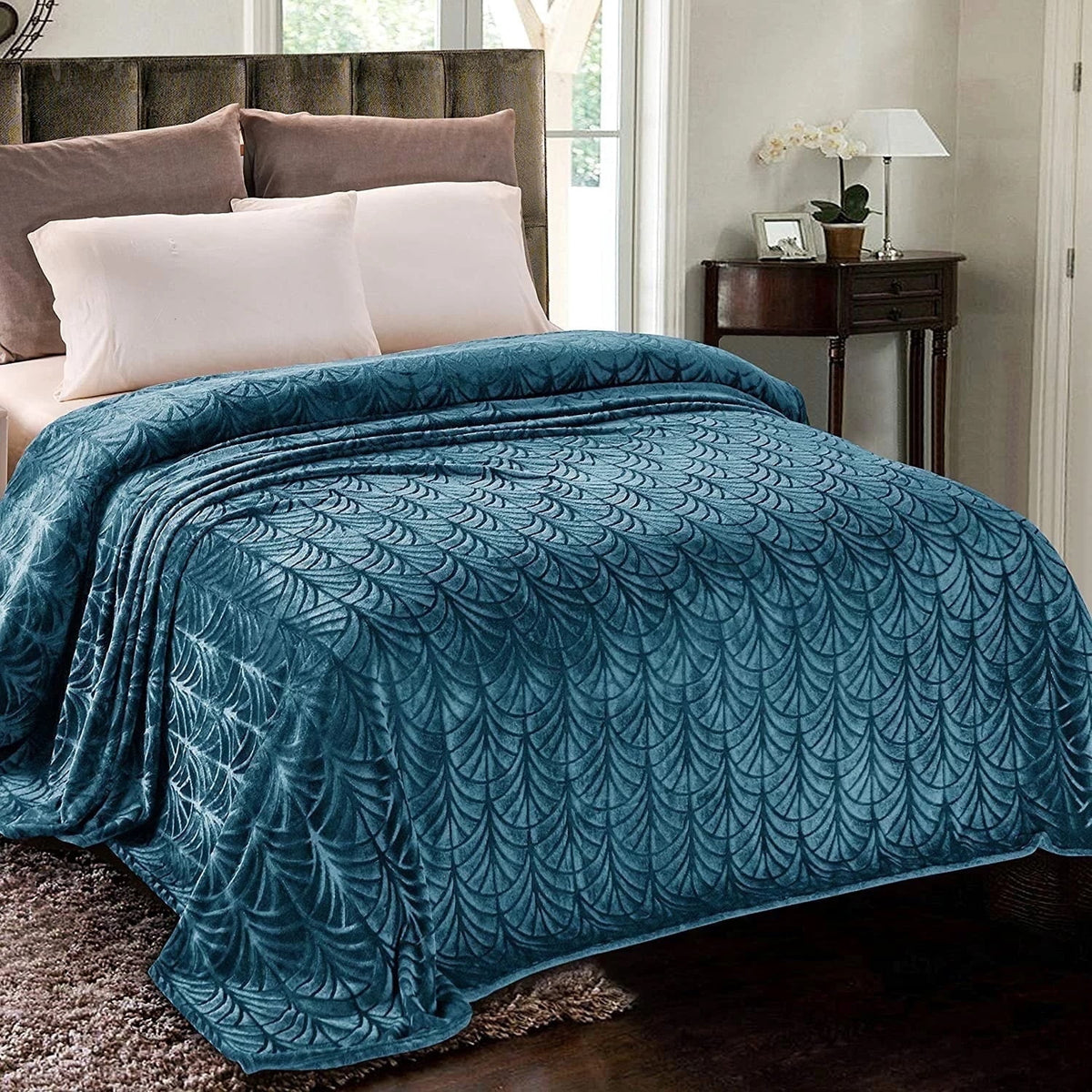 Whale Flotilla Flannel Fleece 90x90 Inch Queen Size Blanket for Bed, Soft Fluffy Velvet Bedspread Coverlet with Decorative Vintage Pattern for All Season, Warm and Lightweight, Grey Blue