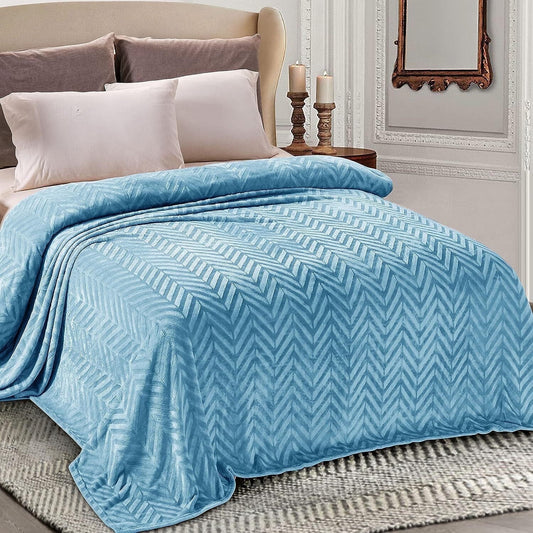 Whale Flotilla Flannel Fleece Queen Size 90x90 Inch Bed Blanket, Soft Velvet Lightweight Bedspread Plush Fluffy Coverlet Chevron Design Decorative Blanket for All Season, Stone Blue