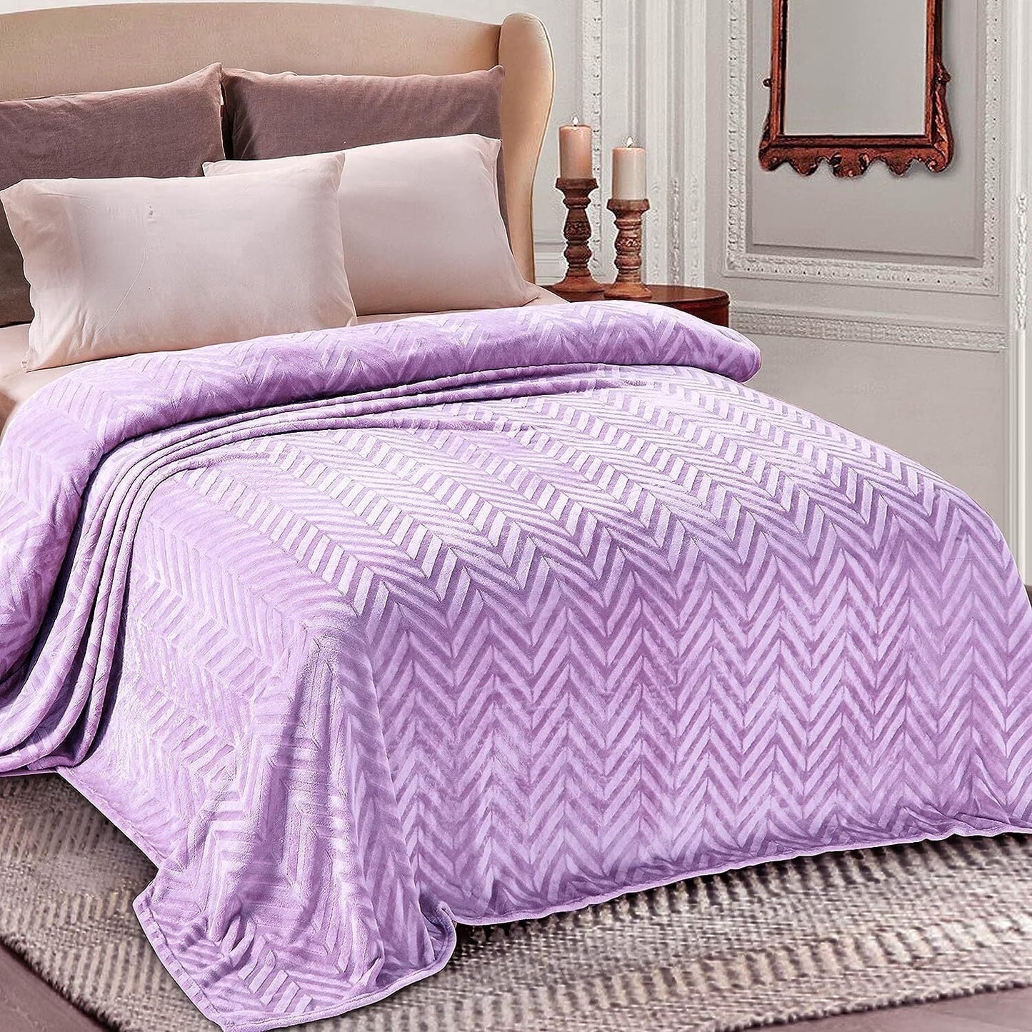 Whale Flotilla Flannel Fleece Twin Size 60x80 Inch Bed Blanket, Soft Velvet Lightweight Bedspread Plush Fluffy Coverlet Chevron Design Decorative Blanket for All Season, Lilac