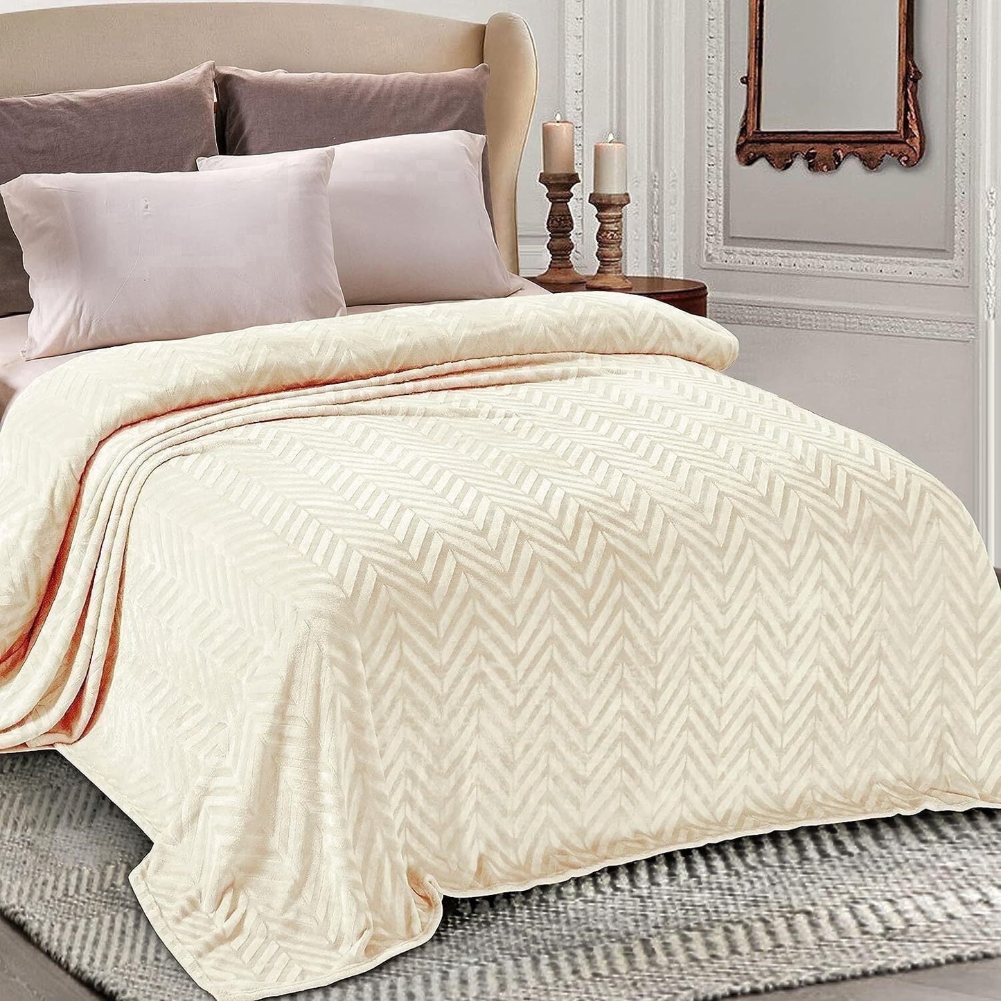 Whale Flotilla Flannel Fleece Twin Size 60x80 Inch Bed Blanket, Soft Velvet Lightweight Bedspread Plush Fluffy Coverlet Chevron Design Decorative Blanket for All Season, Ivory