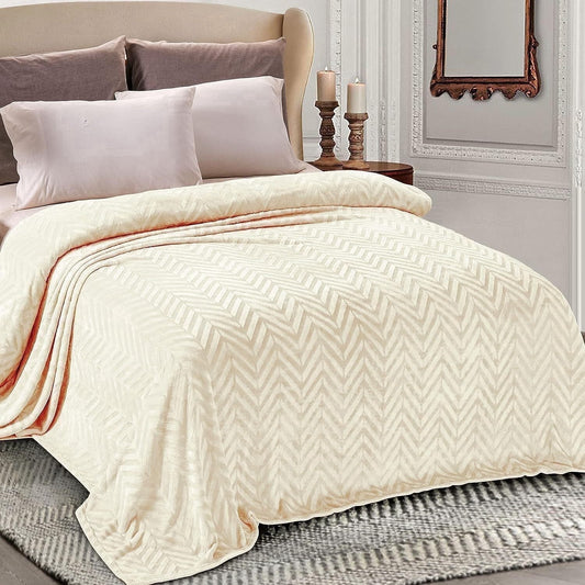 Whale Flotilla Flannel Fleece Twin Size 60x80 Inch Bed Blanket, Soft Velvet Lightweight Bedspread Plush Fluffy Coverlet Chevron Design Decorative Blanket for All Season, Ivory