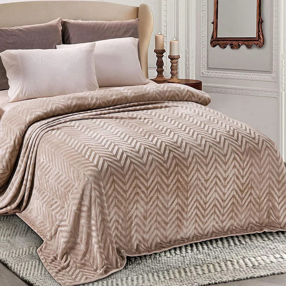 Whale Flotilla Flannel Fleece Twin Size 60x80 Inch Bed Blanket, Soft Velvet Lightweight Bedspread Plush Fluffy Coverlet Chevron Design Decorative Blanket for All Season, Champagne