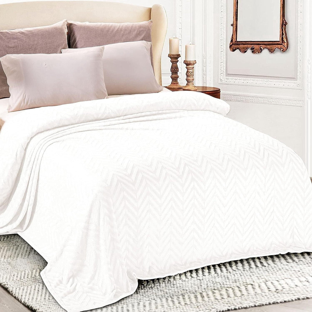 Whale Flotilla Flannel Fleece Twin Size 60x80 Inch Bed Blanket, Soft Velvet Lightweight Bedspread Plush Fluffy Coverlet Chevron Design Decorative Blanket for All Season, White