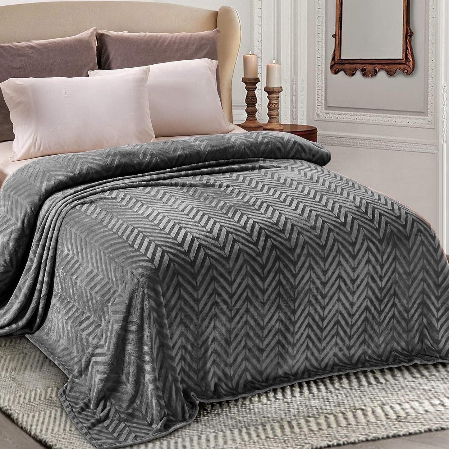 Whale Flotilla Flannel Fleece Twin Size 60x80 Inch Bed Blanket, Soft Velvet Lightweight Bedspread Plush Fluffy Coverlet Chevron Design Decorative Blanket for All Season, Dark Grey