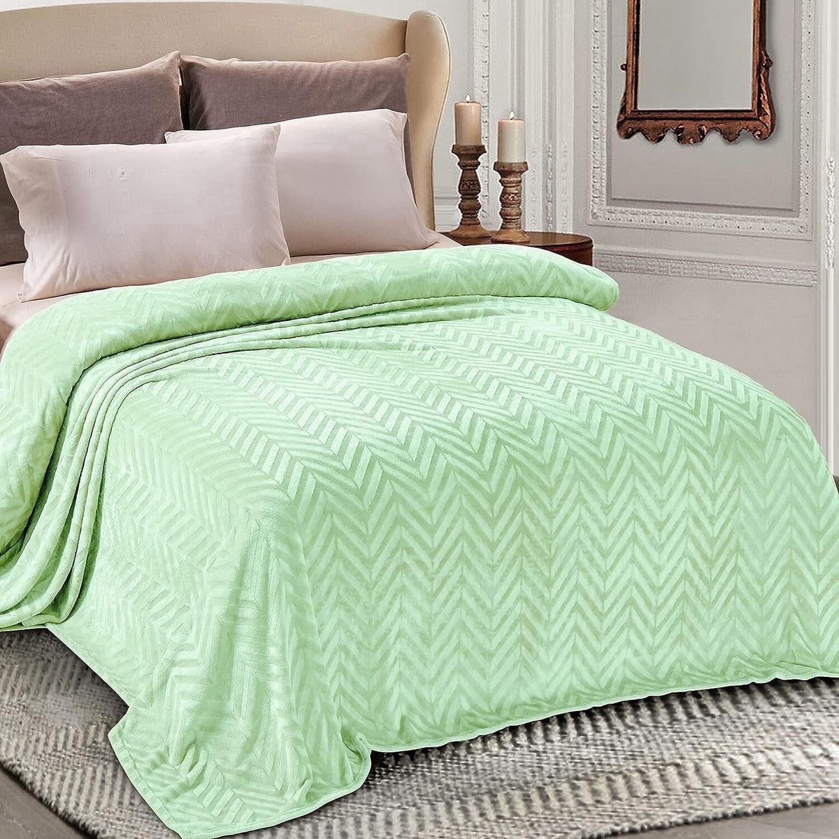 Whale Flotilla Flannel Fleece Twin Size 60x80 Inch Bed Blanket, Soft Velvet Lightweight Bedspread Plush Fluffy Coverlet Chevron Design Decorative Blanket for All Season, Light Green