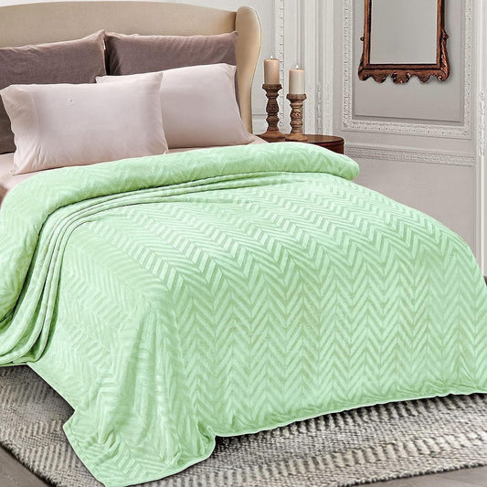 Whale Flotilla Flannel Fleece Twin Size 60x80 Inch Bed Blanket, Soft Velvet Lightweight Bedspread Plush Fluffy Coverlet Chevron Design Decorative Blanket for All Season, Light Green