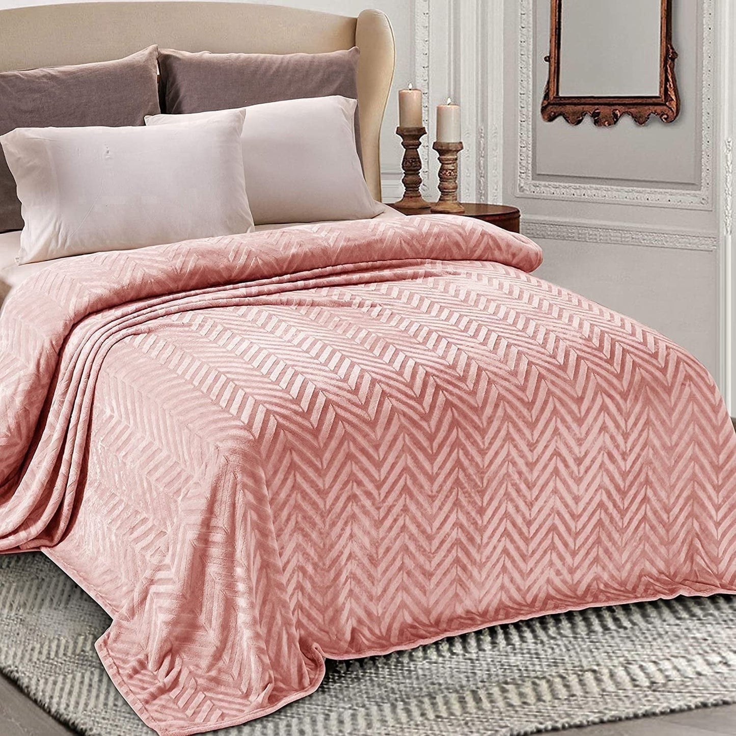 Whale Flotilla Flannel Fleece Twin Size 60x80 Inch Bed Blanket, Soft Velvet Lightweight Bedspread Plush Fluffy Coverlet Chevron Design Decorative Blanket for All Season, Pink