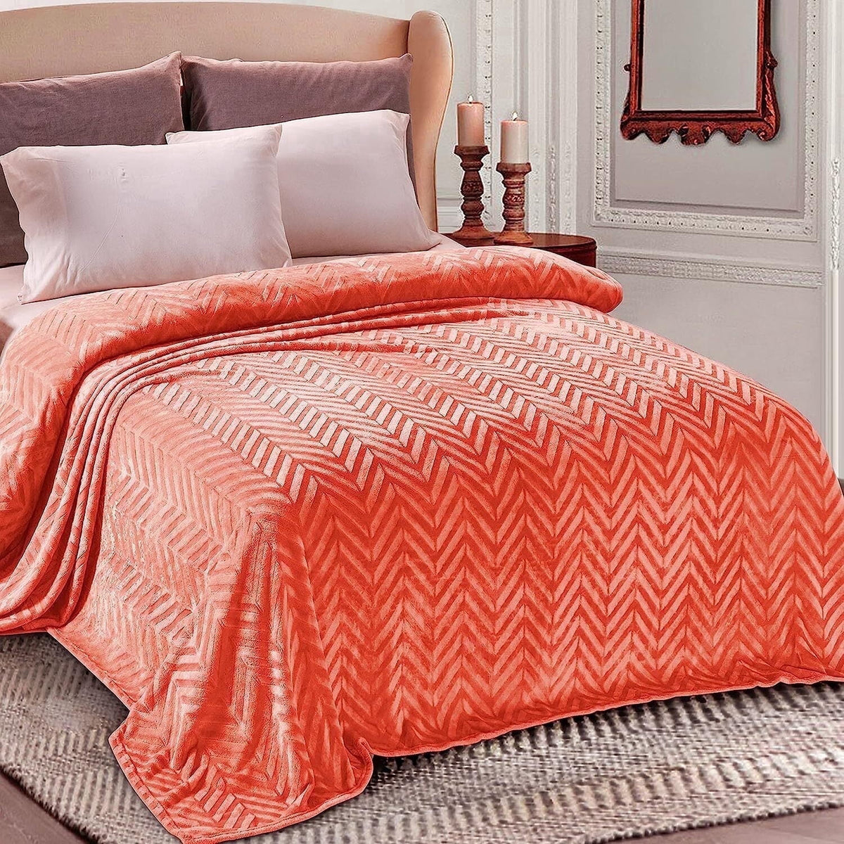 Whale Flotilla Flannel Fleece Twin Size 60x80 Inch Bed Blanket, Soft Velvet Lightweight Bedspread Plush Fluffy Coverlet Chevron Design Decorative Blanket for All Season, Coral