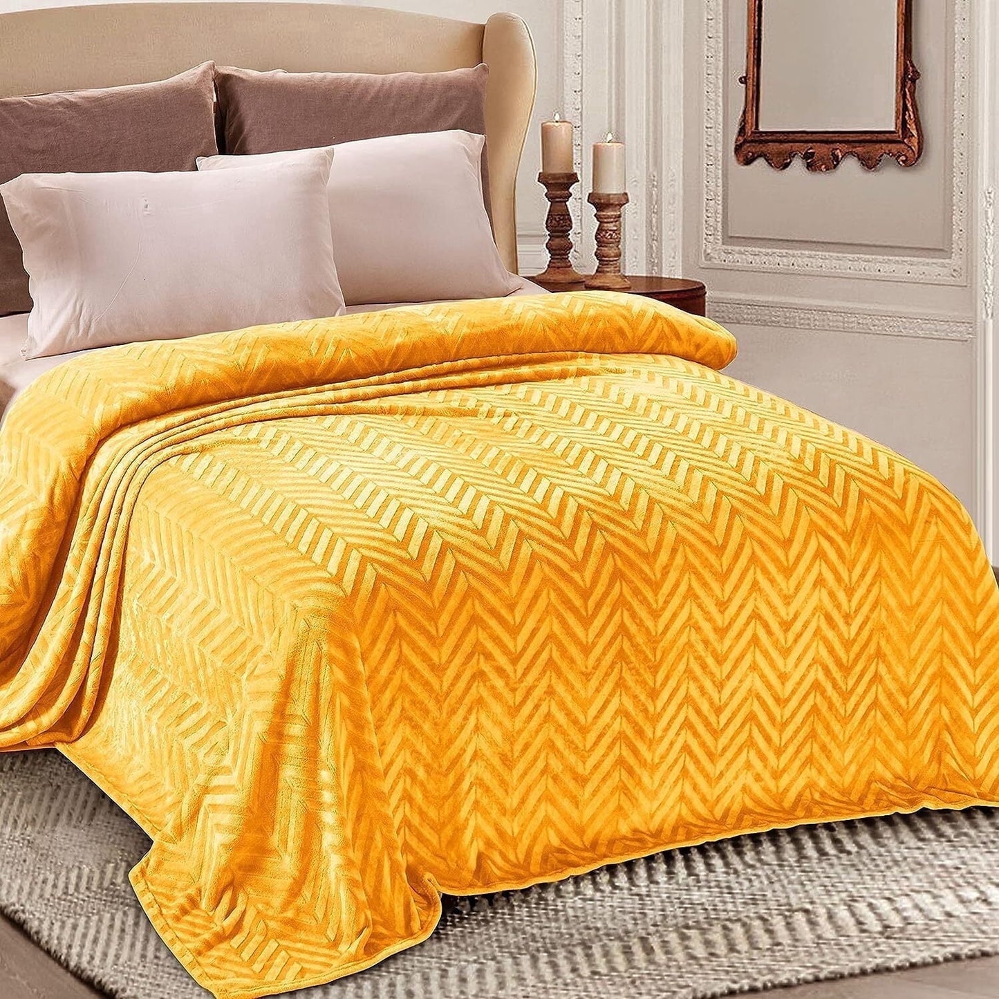 Whale Flotilla Flannel Fleece Twin Size 60x80 Inch Bed Blanket, Soft Velvet Lightweight Bedspread Plush Fluffy Coverlet Chevron Design Decorative Blanket for All Season, Lemon Yellow
