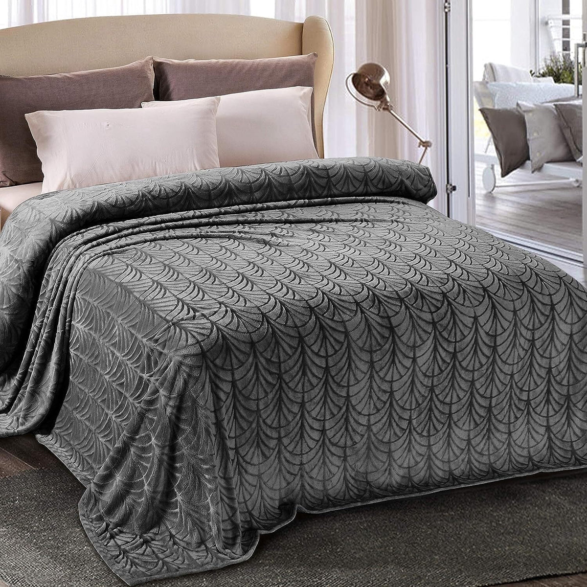Whale Flotilla Flannel Fleece 60"x80" Twin Size Throw Blanket, Soft Fluffy Velvet Bedspread with Vintage Pattern, Warm Lightweight All-Season Coverlet, Dark Grey