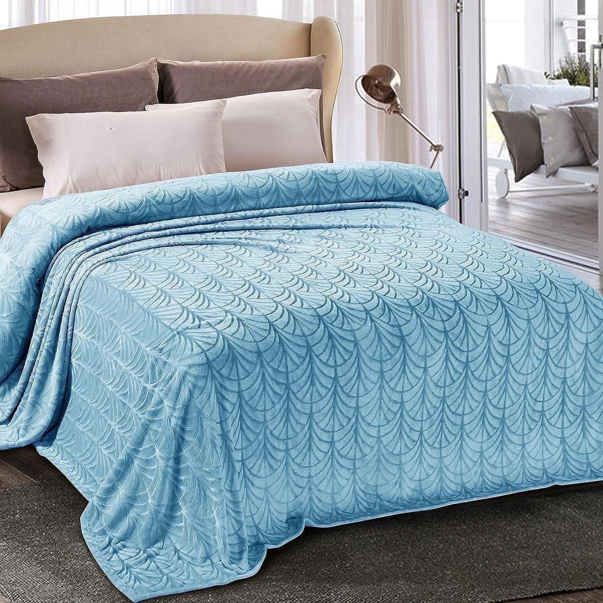 Whale Flotilla Flannel Fleece 60"x80" Twin Size Throw Blanket, Soft Fluffy Velvet Bedspread with Vintage Pattern, Warm Lightweight All-Season Coverlet, Stone Blue