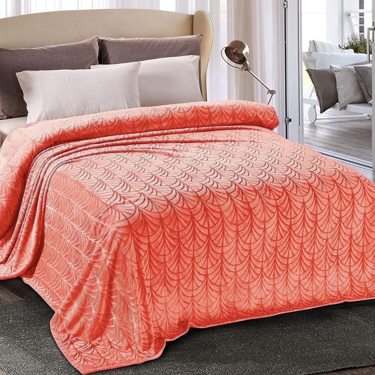 Whale Flotilla Flannel Fleece 60"x80" Twin Size Throw Blanket, Soft Fluffy Velvet Bedspread with Vintage Pattern, Warm Lightweight All-Season Coverlet, Coral