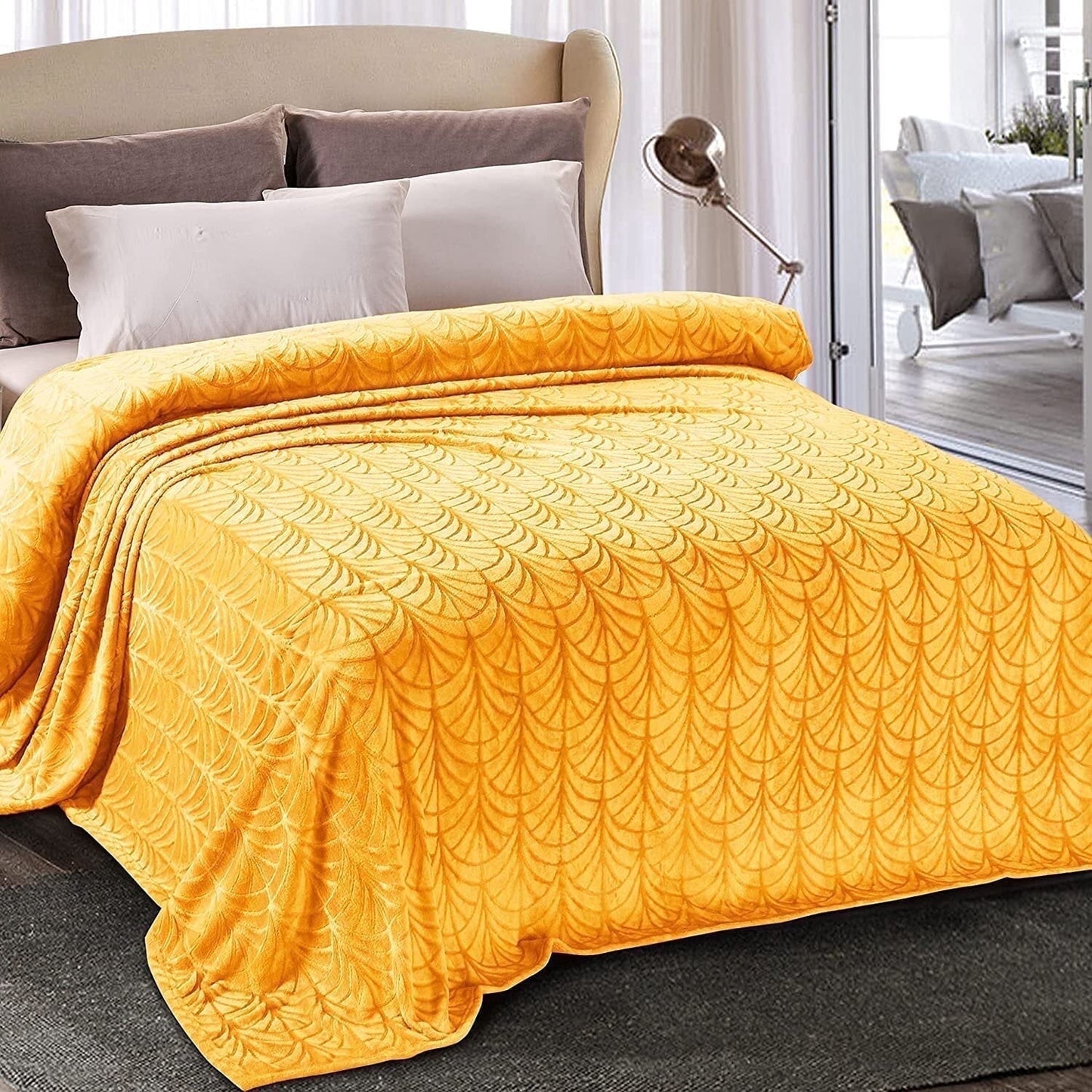 Whale Flotilla Flannel Fleece 60"x80" Twin Size Throw Blanket, Soft Fluffy Velvet Bedspread with Vintage Pattern, Warm Lightweight All-Season Coverlet, Lemon Yellow