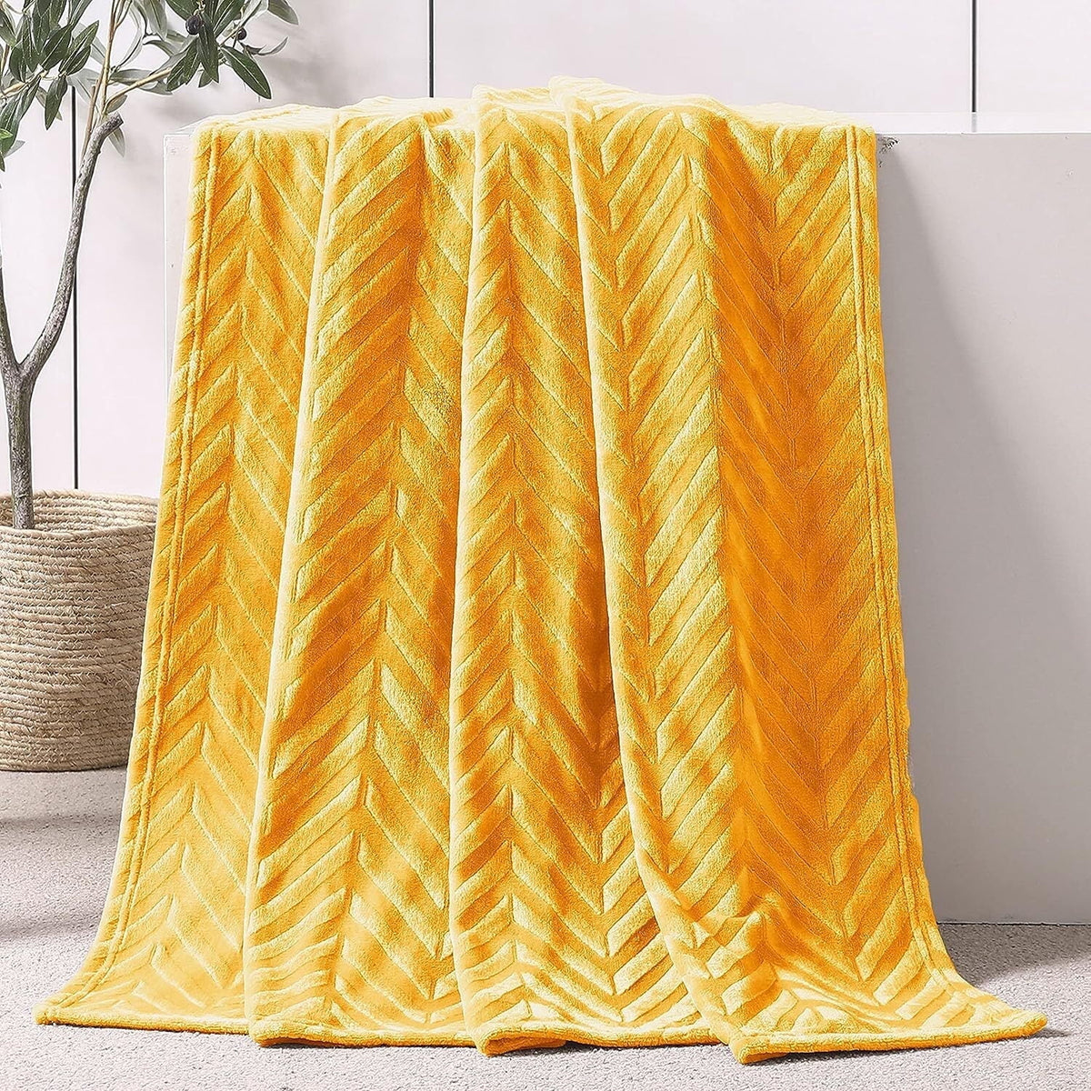 Whale Flotilla Soft Flannel Fleece Lightweight 50"x60" Throw Blanket, Brushed Chevron Design Fluffy Plush Cozy Blanket for All Seasons, Lemon Yellow