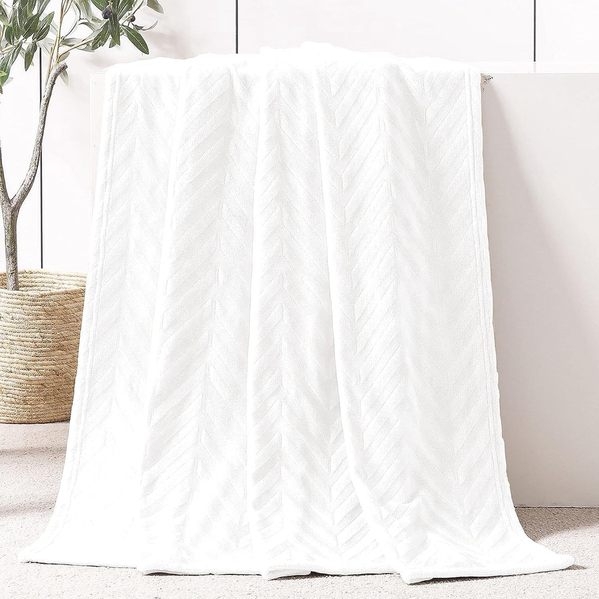 Whale Flotilla Soft Flannel Fleece Lightweight 50"x60" Throw Blanket, Brushed Chevron Design Fluffy Plush Cozy Blanket for All Seasons, White