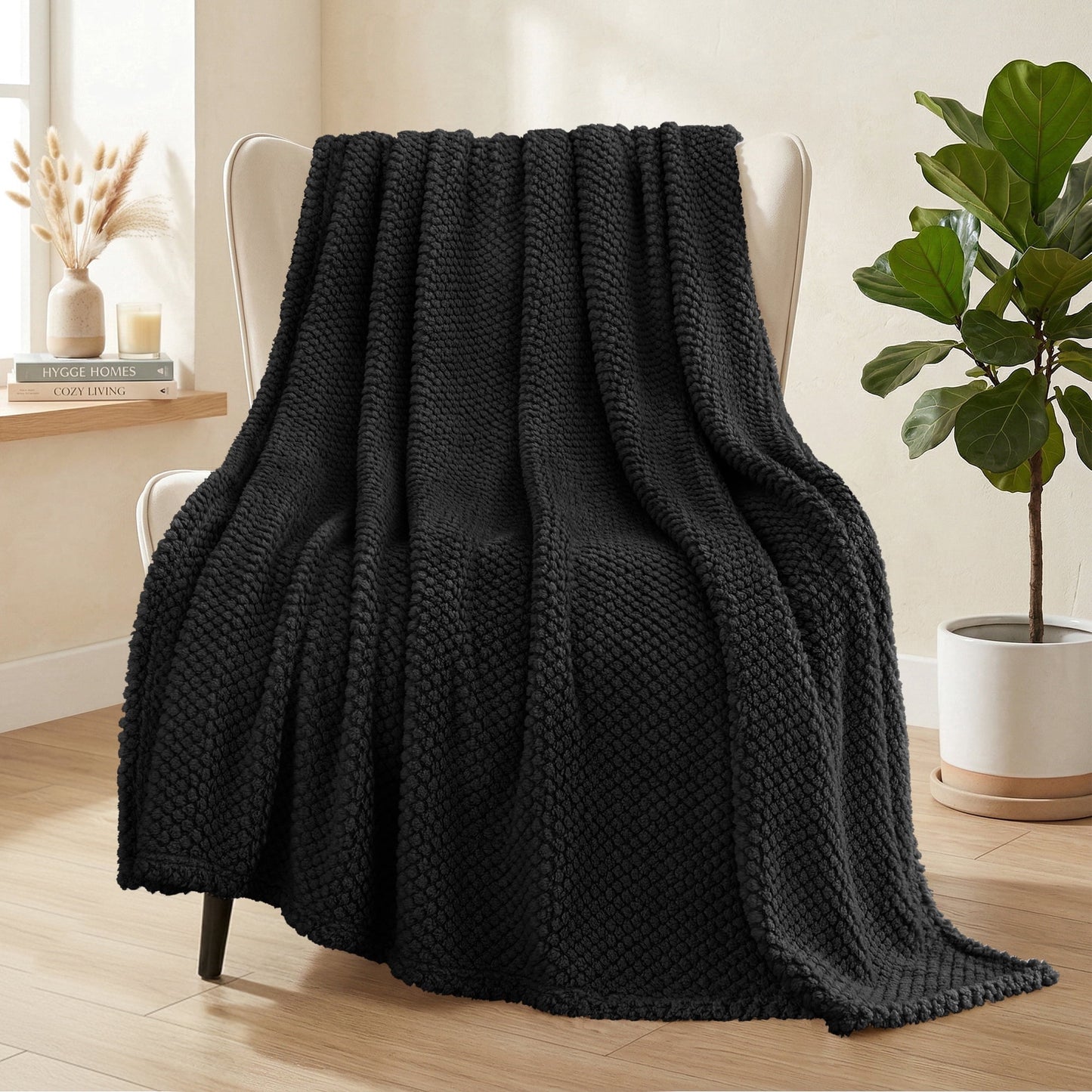 Whale Flotilla Fuzzy Fleece 50"x70" Throw Blanket for Couch, Fluffy Warm Soft Jacquard Blankets for All Seasons, Lightweight and Cozy, Black
