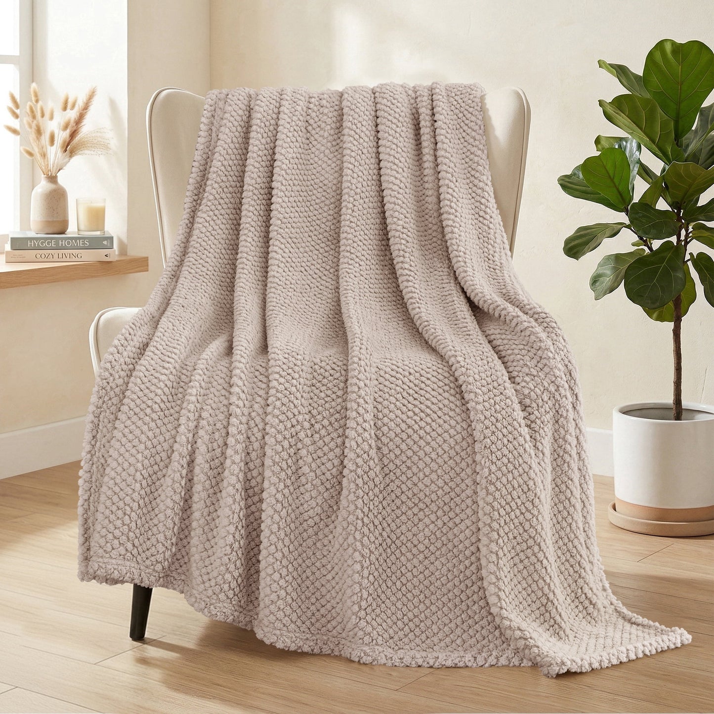 Whale Flotilla Fuzzy Fleece 50"x70" Throw Blanket for Couch, Fluffy Warm Soft Jacquard Blankets for All Seasons, Lightweight and Cozy, Camel