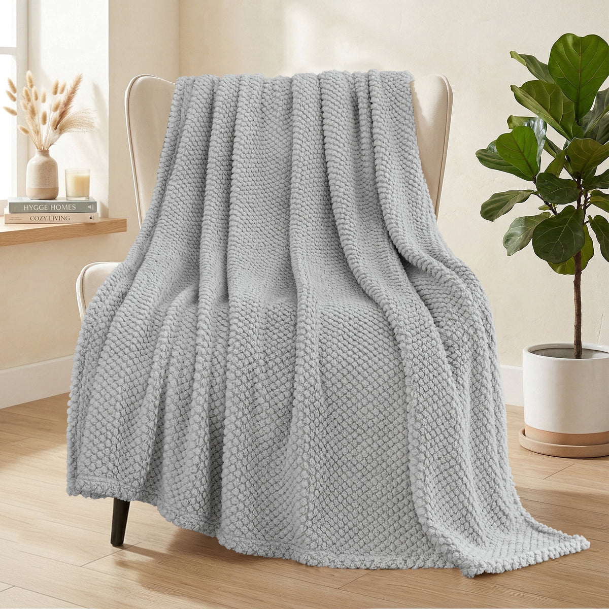 Whale Flotilla Fuzzy Fleece 50"x70" Throw Blanket for Couch, Fluffy Warm Soft Jacquard Blankets for All Seasons, Lightweight and Cozy, Light Grey