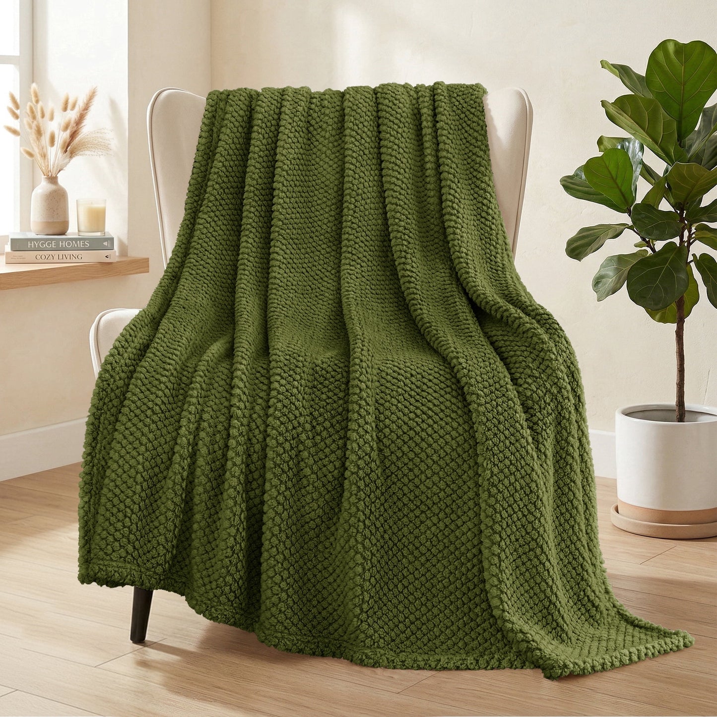 Whale Flotilla Fuzzy Fleece 50"x70" Throw Blanket for Couch, Fluffy Warm Soft Jacquard Blankets for All Seasons, Lightweight and Cozy, Olive