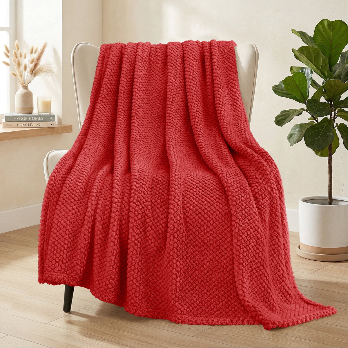 Whale Flotilla Fuzzy Fleece 50"x70" Throw Blanket for Couch, Fluffy Warm Soft Jacquard Blankets for All Seasons, Lightweight and Cozy, Red