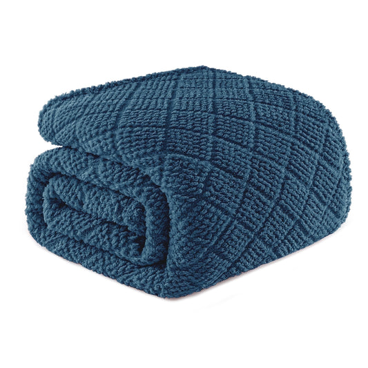 Whale Flotilla Fuzzy Fleece Queen Size Blanket for Bed, Soft Fluffy Jacquard Waffle Blankets for All Season, Lightweight and Warm, 90x90 Inch, Navy Blue
