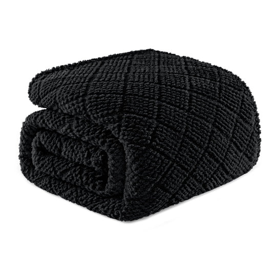 Whale Flotilla Fuzzy Fleece Queen Size Blanket for Bed, Soft Fluffy Jacquard Waffle Blankets for All Season, Lightweight and Warm, 90x90 Inch, Black