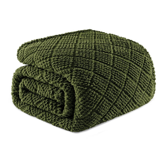 Whale Flotilla Fuzzy Fleece Queen Size Blanket for Bed, Soft Fluffy Jacquard Waffle Blankets for All Season, Lightweight and Warm, 90x90 Inch, Olive