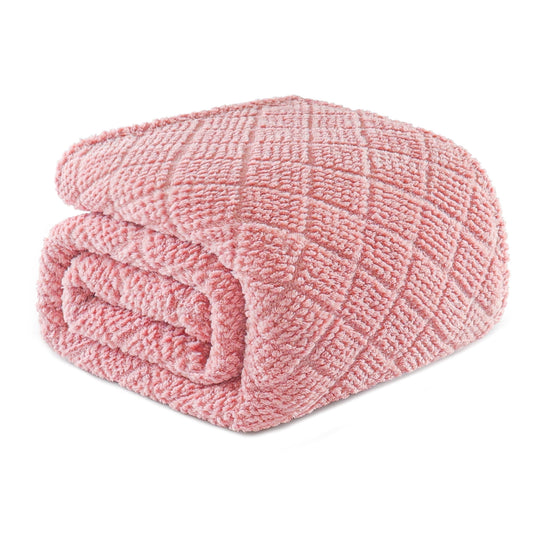 Whale Flotilla Fuzzy Fleece Queen Size Blanket for Bed, Soft Fluffy Jacquard Waffle Blankets for All Season, Lightweight and Warm, 90x90 Inch, Pink