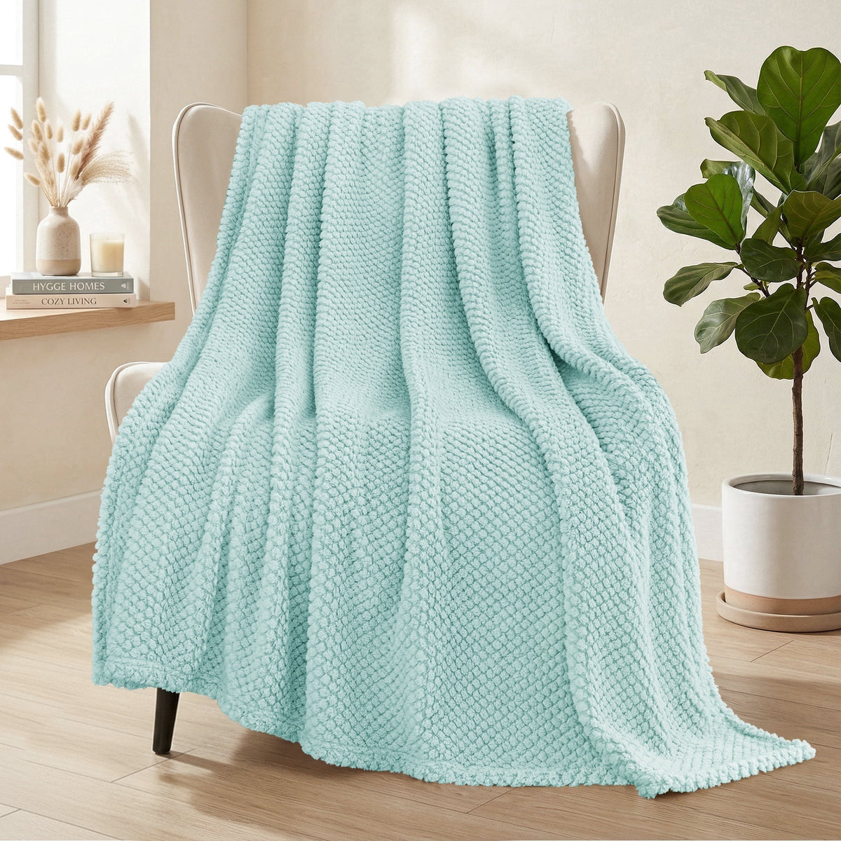 Whale Flotilla Fuzzy Fleece 50"x70" Throw Blanket for Couch, Fluffy Warm Soft Jacquard Blankets for All Seasons, Lightweight and Cozy, Light Blue
