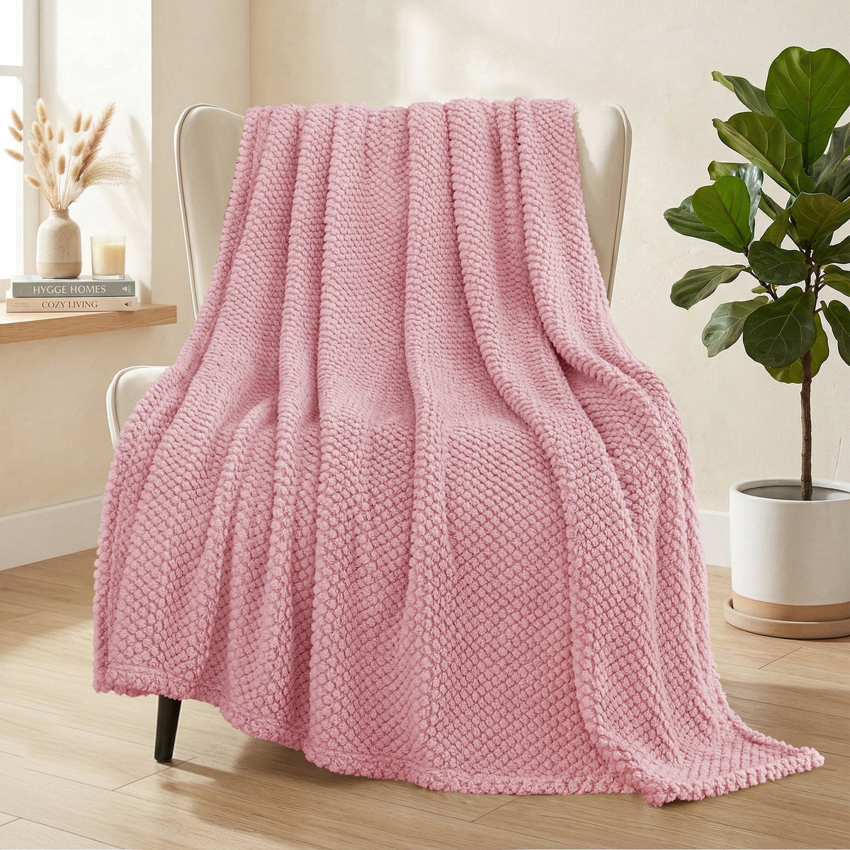 Whale Flotilla Fuzzy Fleece 50"x70" Throw Blanket for Couch, Fluffy Warm Soft Jacquard Blankets for All Seasons, Lightweight and Cozy, Pink