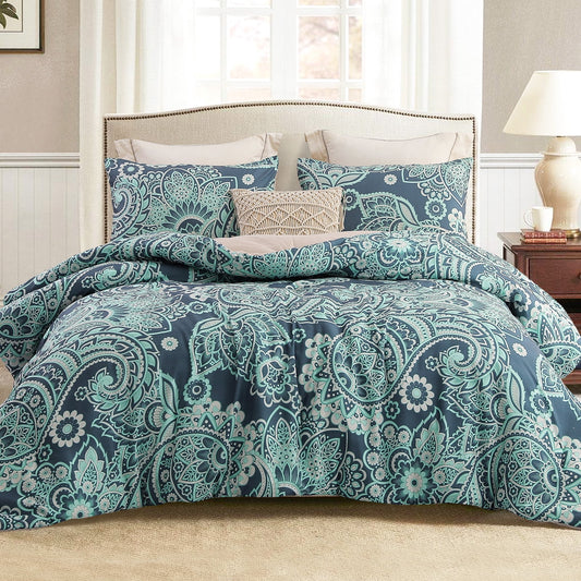 Whale Flotilla 3-Piece Queen Comforter Set, Soft Reversible Bedding Comforter Sets, Paisley Printed Down Alternative Comforter Duvet for All Seasons, Turquoise