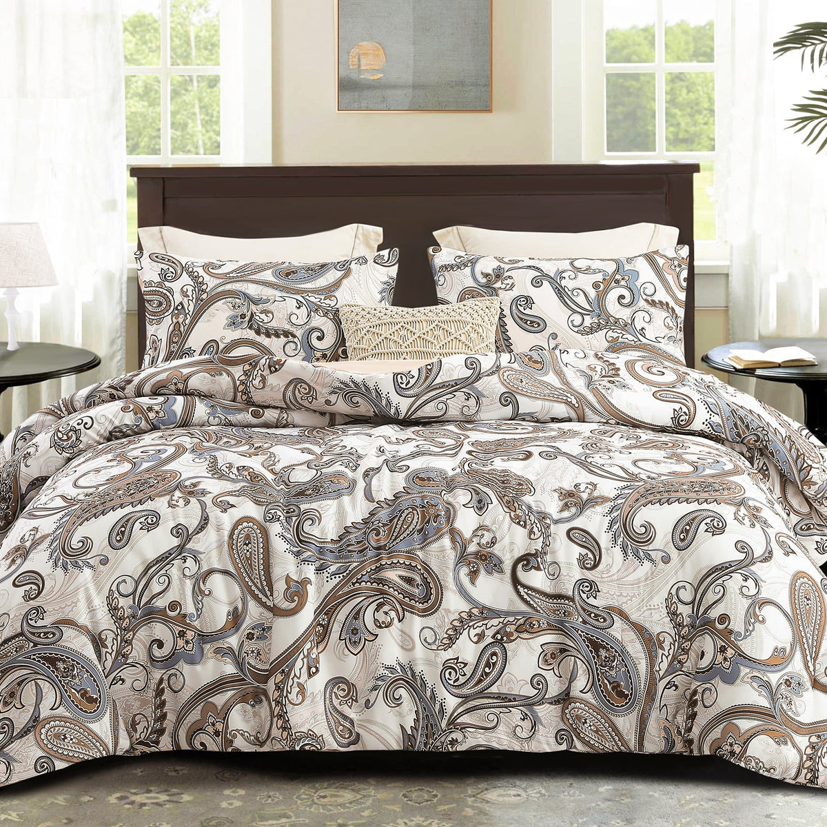 Whale Flotilla 3-Piece Queen Comforter Set, Soft Reversible Bedding Comforter Sets, Paisley Printed Down Alternative Comforter Duvet for All Seasons, Beige