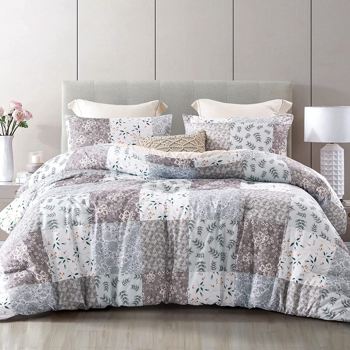Whale Flotilla 3-Piece Queen Comforter Set, Soft Reversible Bedding Comforter Sets, Patchwork Printed Down Alternative Comforter Duvet for All Seasons, Grey