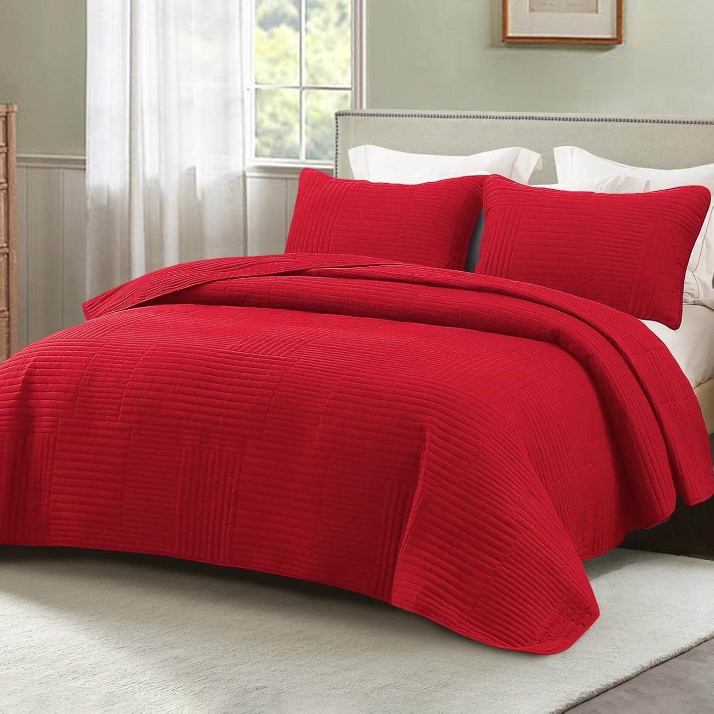 Whale Flotilla King Quilt Set, Soft and Lightweight Bedspreads Coverlet with Striped Pattern, Reversible Bedding Sets with Pillow Shams, 96x104 Inches, Red
