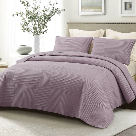 Whale Flotilla King Quilt Set, Soft and Lightweight Bedspreads Coverlet with Striped Pattern, Reversible Bedding Sets with Pillow Shams, 96x104 Inches, Lilac Ash