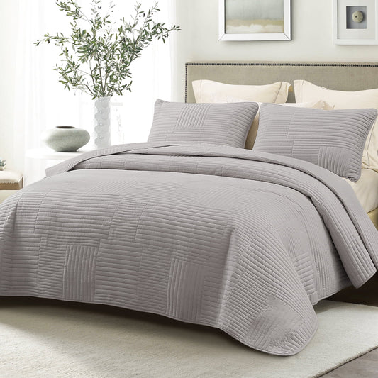 Whale Flotilla King Quilt Set, Soft and Lightweight Bedspreads Coverlet with Striped Pattern, Reversible Bedding Sets with Pillow Shams, 96x104 Inches, Light Grey