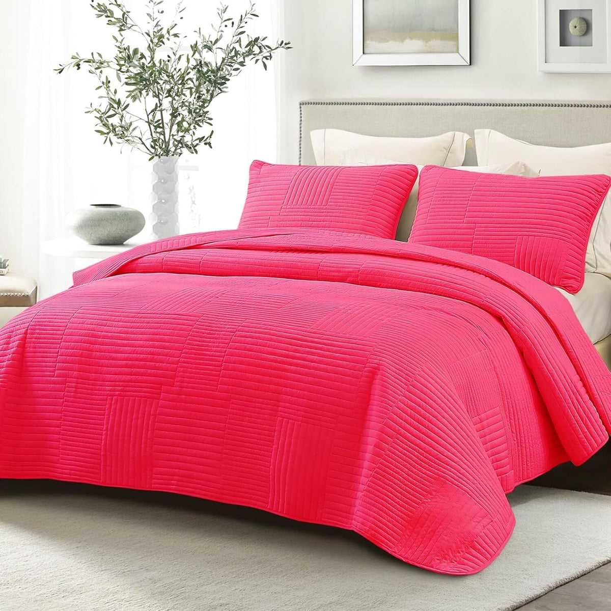 Whale Flotilla King Quilt Set, Soft and Lightweight Bedspreads Coverlet with Striped Pattern, Reversible Bedding Sets with Pillow Shams, 96x104 Inches, Hot Pink