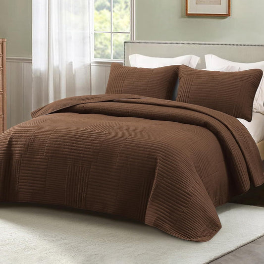 Whale Flotilla King Quilt Set, Soft and Lightweight Bedspreads Coverlet with Striped Pattern, Reversible Bedding Sets with Pillow Shams, 96x104 Inches, Brown