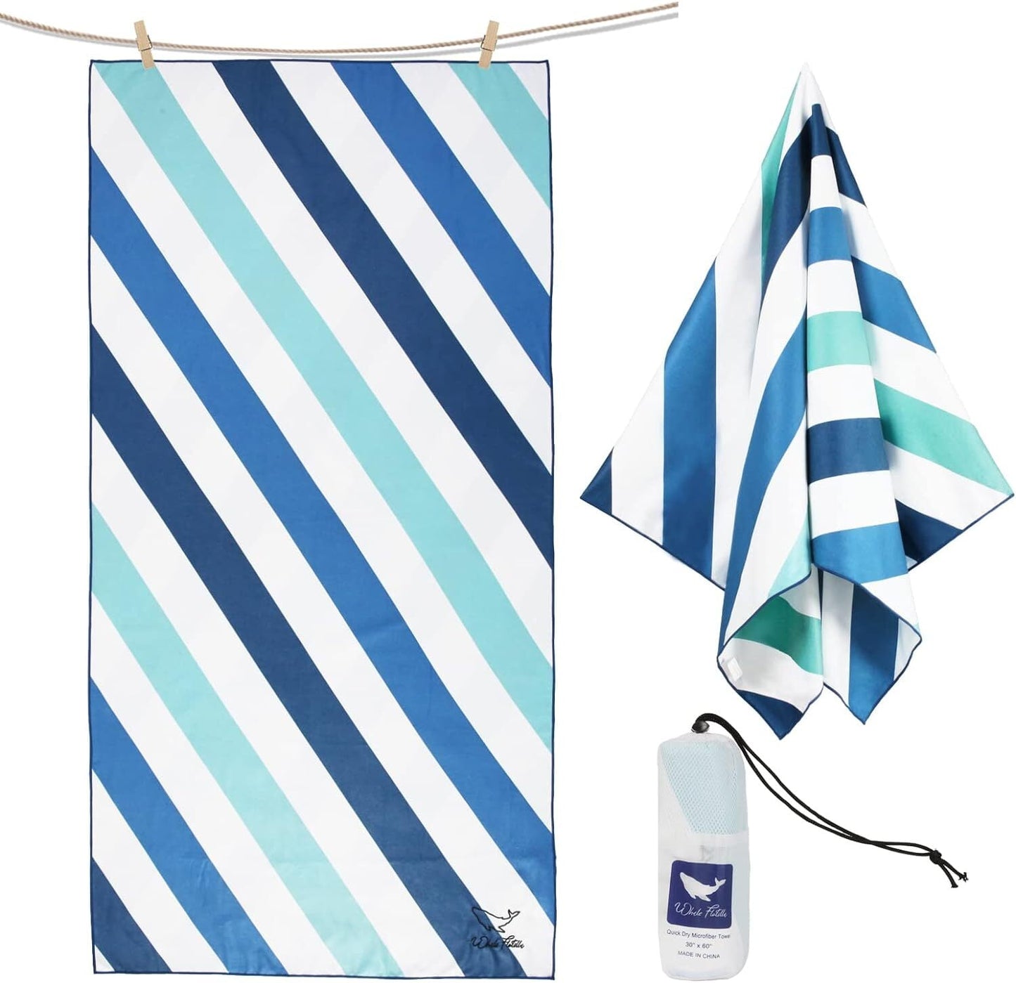 Whale Flotilla Large 35"x70" Quick Dry Beach Towel, Microfiber Sand Free Beach Towels, Super Absorbent Compact Pool Travel Towel, Aqua