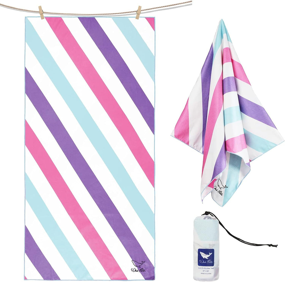 Whale Flotilla Large 35"x70" Quick Dry Beach Towel, Microfiber Sand Free Beach Towels, Super Absorbent Compact Pool Travel Towel, Pink