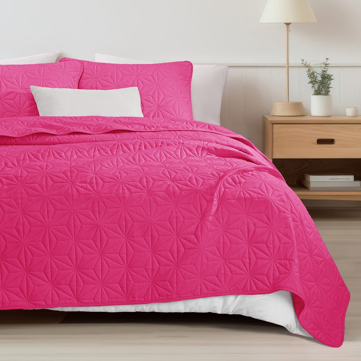 Whale Flotilla Microfiber California King 104"x 112" Quilt Set Lightweight Quilted Bedspreads Coverlets Set with Stars Pattern, Hot Pink