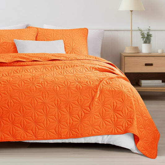 Whale Flotilla Microfiber California King 104"x 112" Quilt Set Lightweight Quilted Bedspreads Coverlets Set with Stars Pattern, Orange
